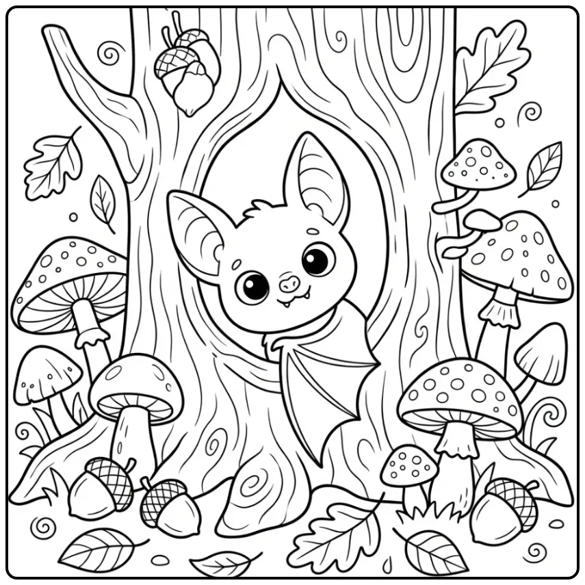 Bat Peekaboo Playing in a Hollow Tree coloring page