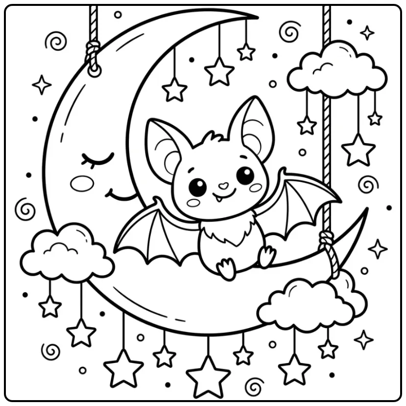 Bat with Stars and a Moon Swing coloring page