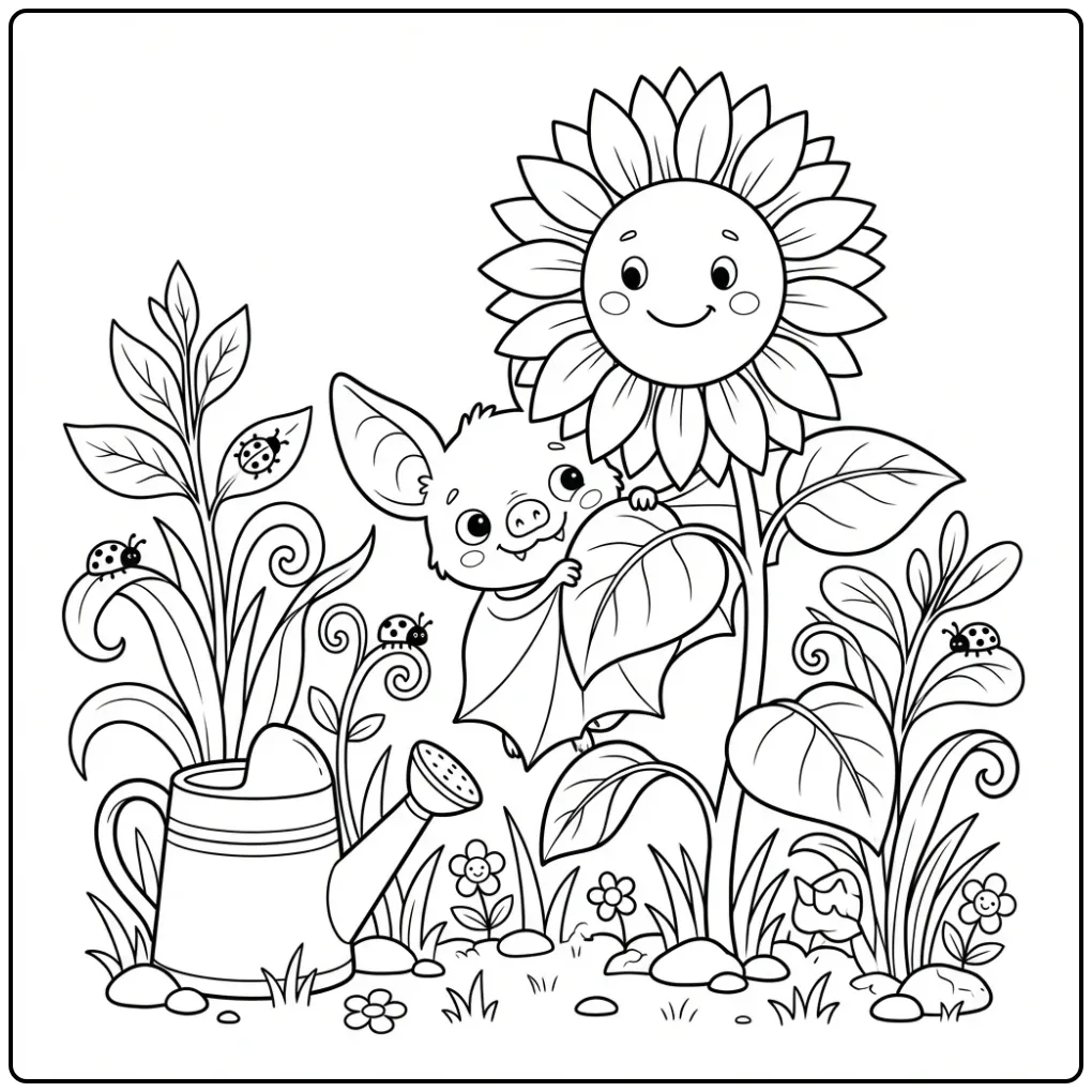 Bat Sunflower and Watering Can in the Garden coloring page