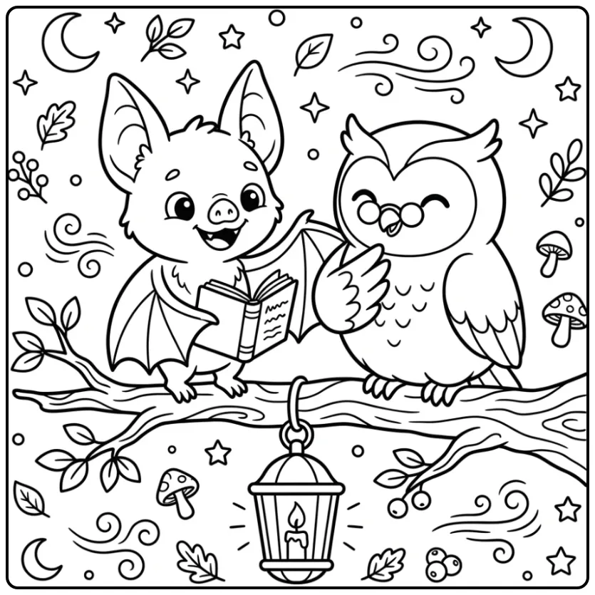An Owl and Bat at Night coloring page