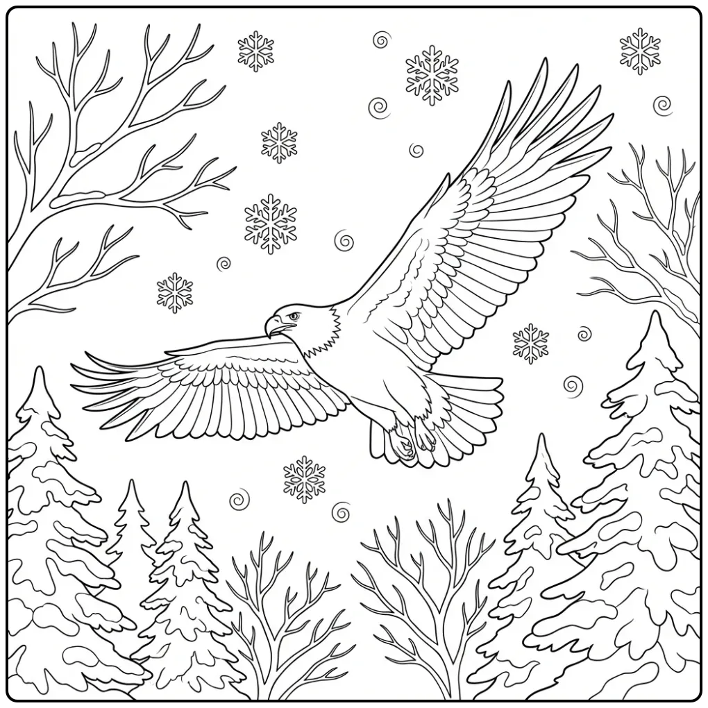 Flying Eagle in a Winter Landscape coloring page