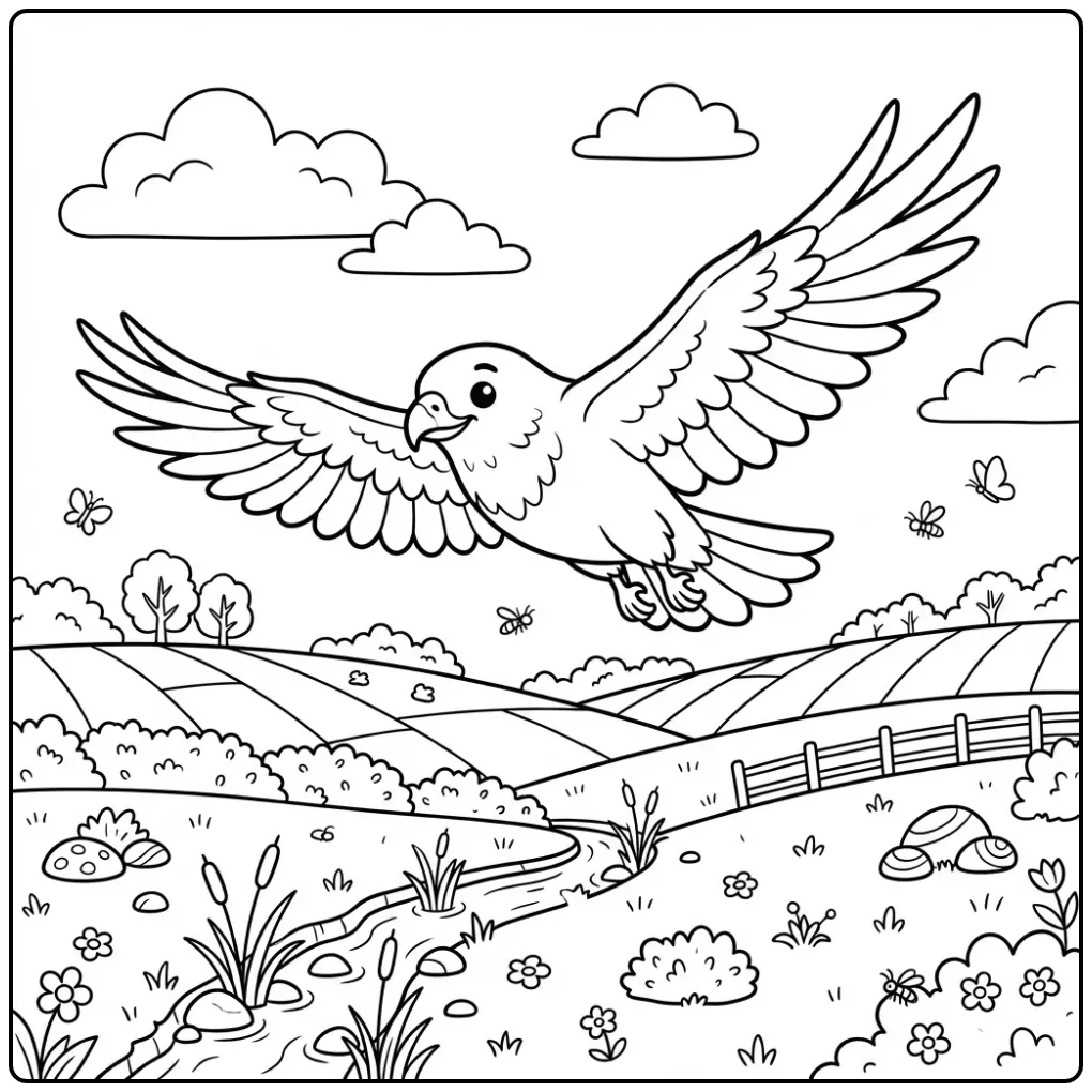 Flying Buzzard Above a Farm Landscape coloring page