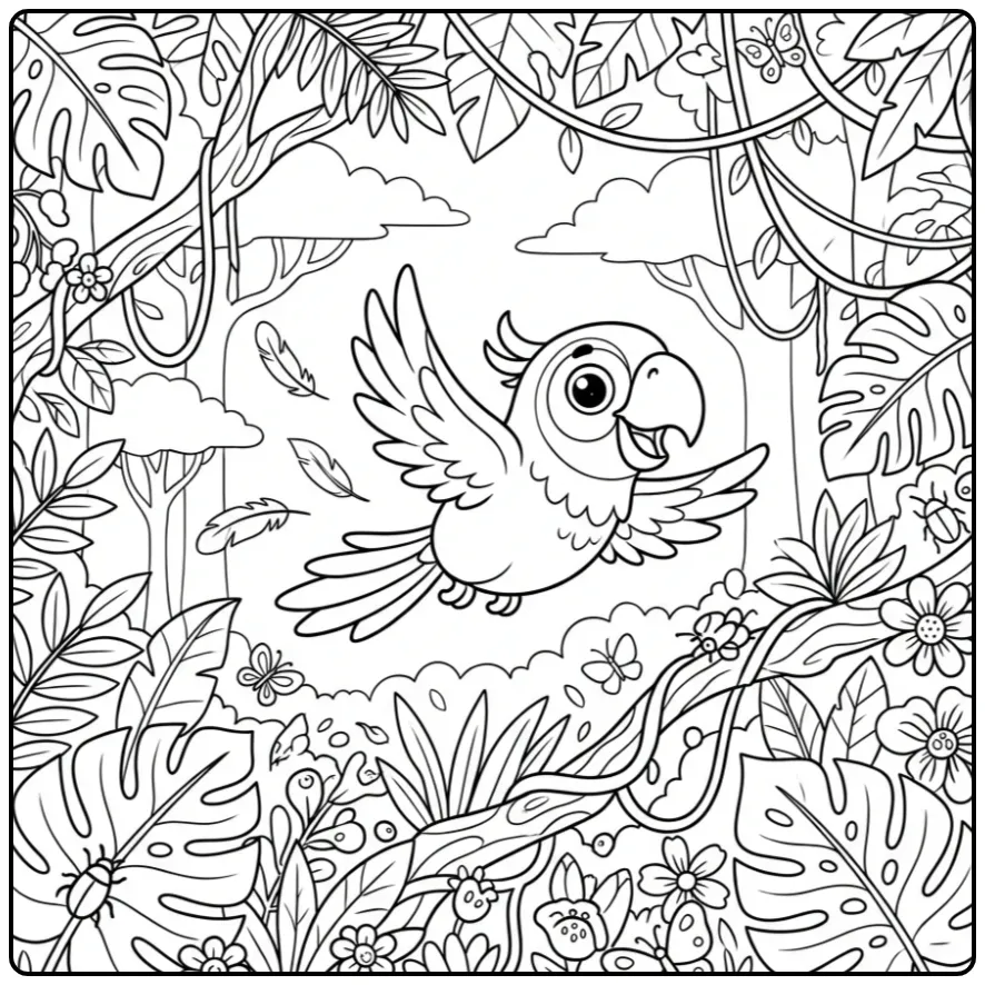 Flying Detailed Parrot in the Jungle coloring page