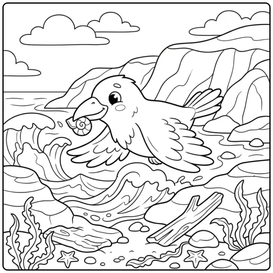 Flying Raven with Shell at the Rocky Coast coloring page