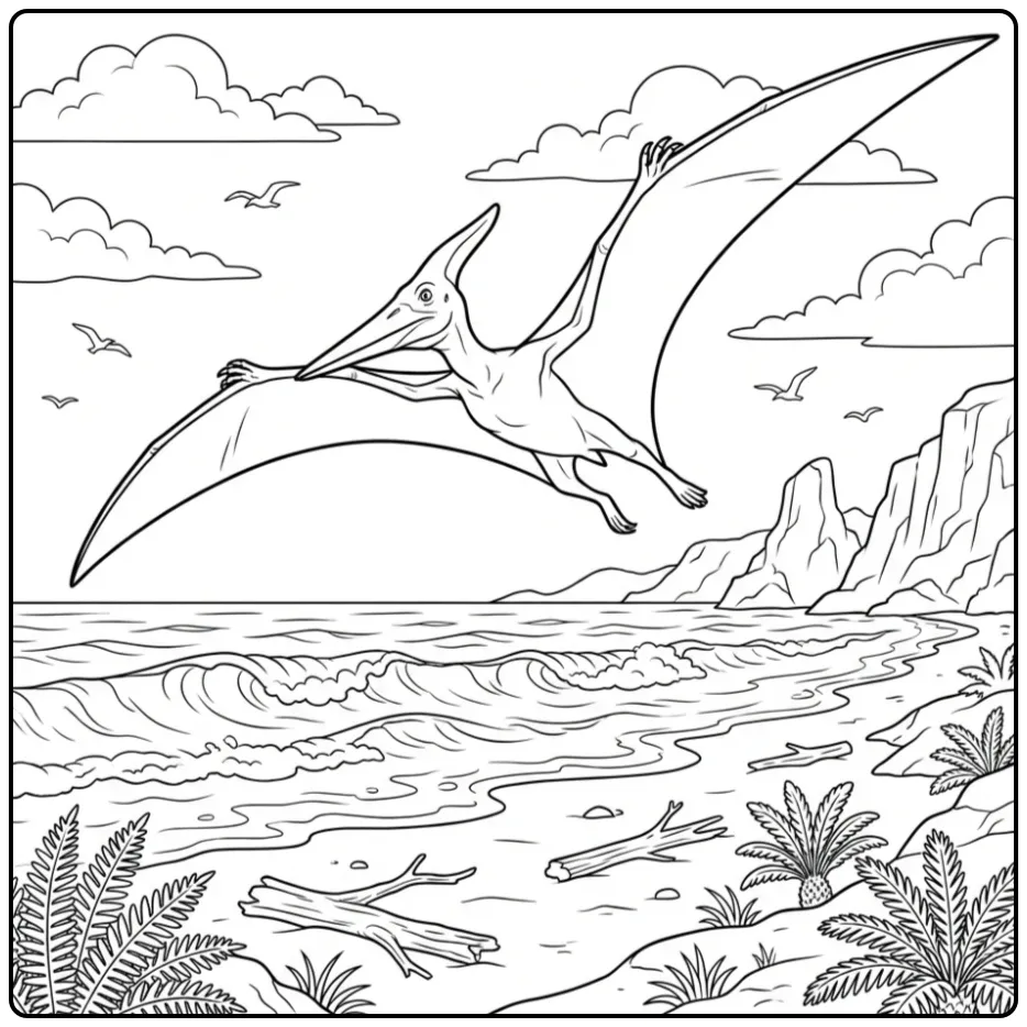 Flying Pterodactylus Above the Coast coloring page