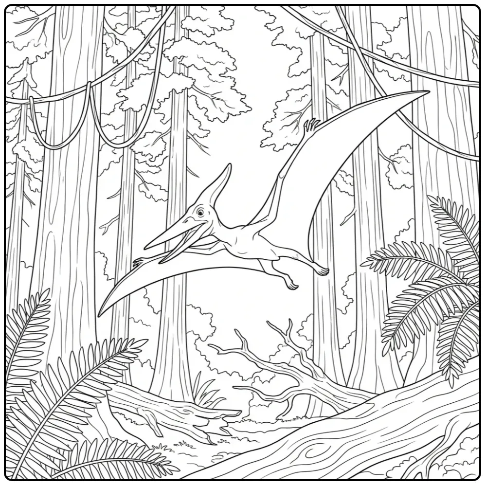 Flying Pterodactylus in an Ancient Forest coloring page