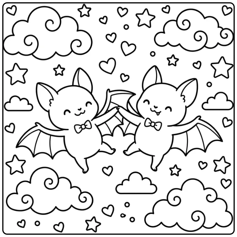 Flying Friends Dancing with a Cute Bat coloring page