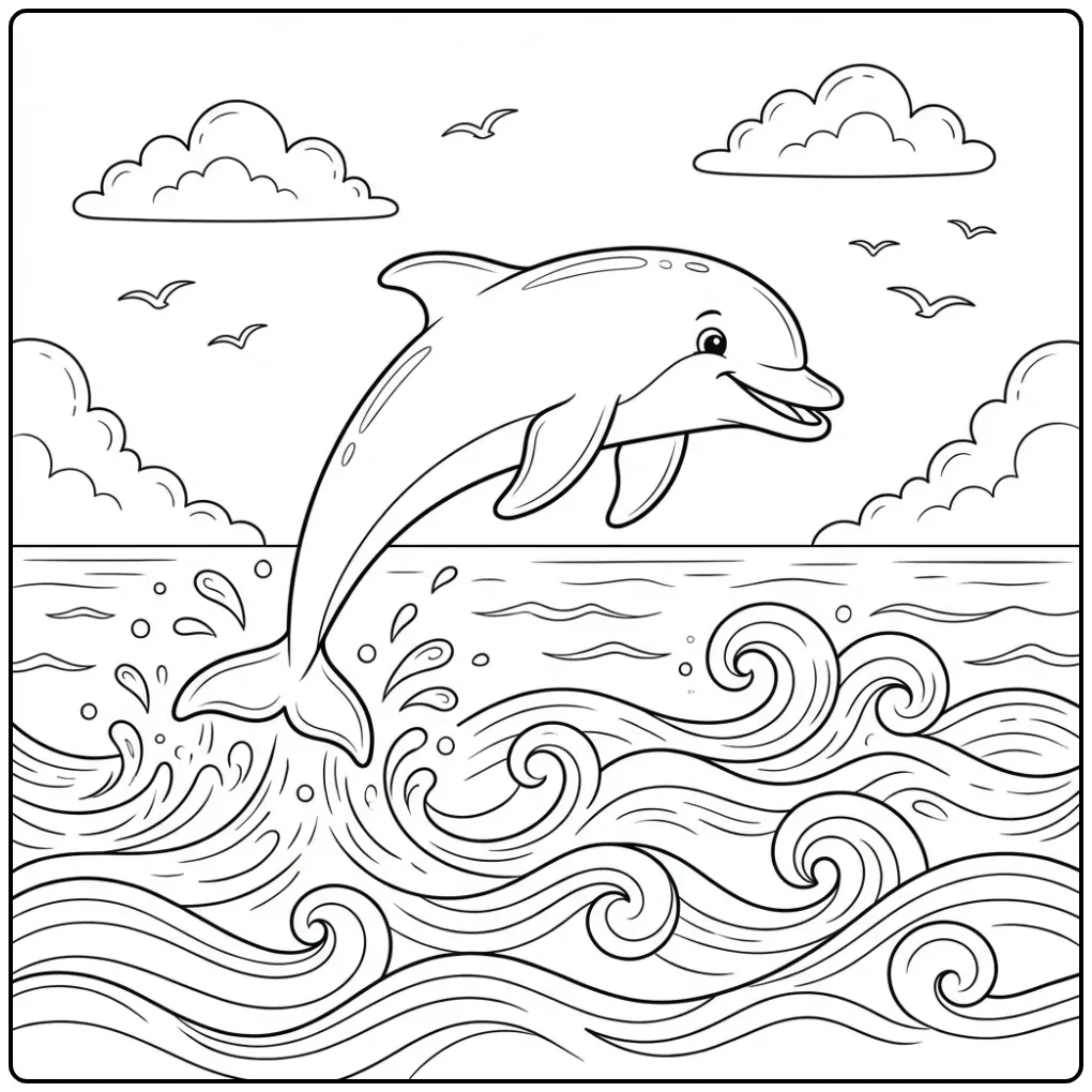 Cheerful Jumping Dolphin in the Ocean coloring page