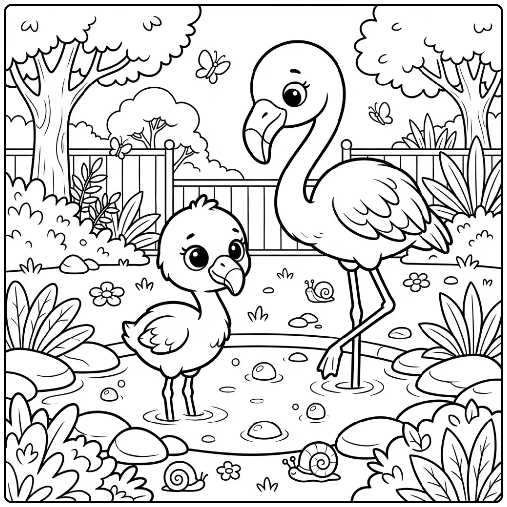 Cheerful Baby Flamingo Mother in Nature coloring page