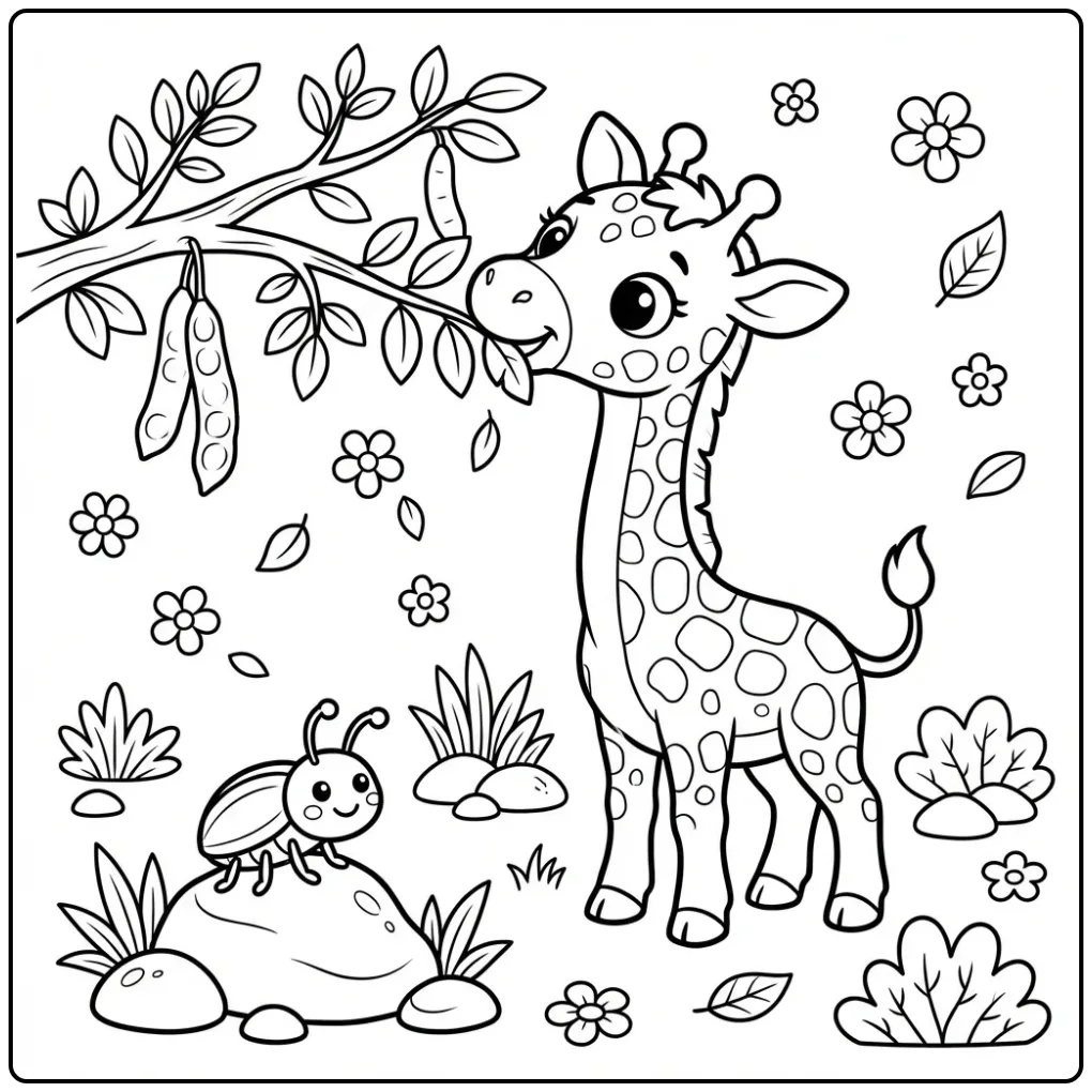 Cheerful Baby Giraffe with Flowers and a Beetle coloring page
