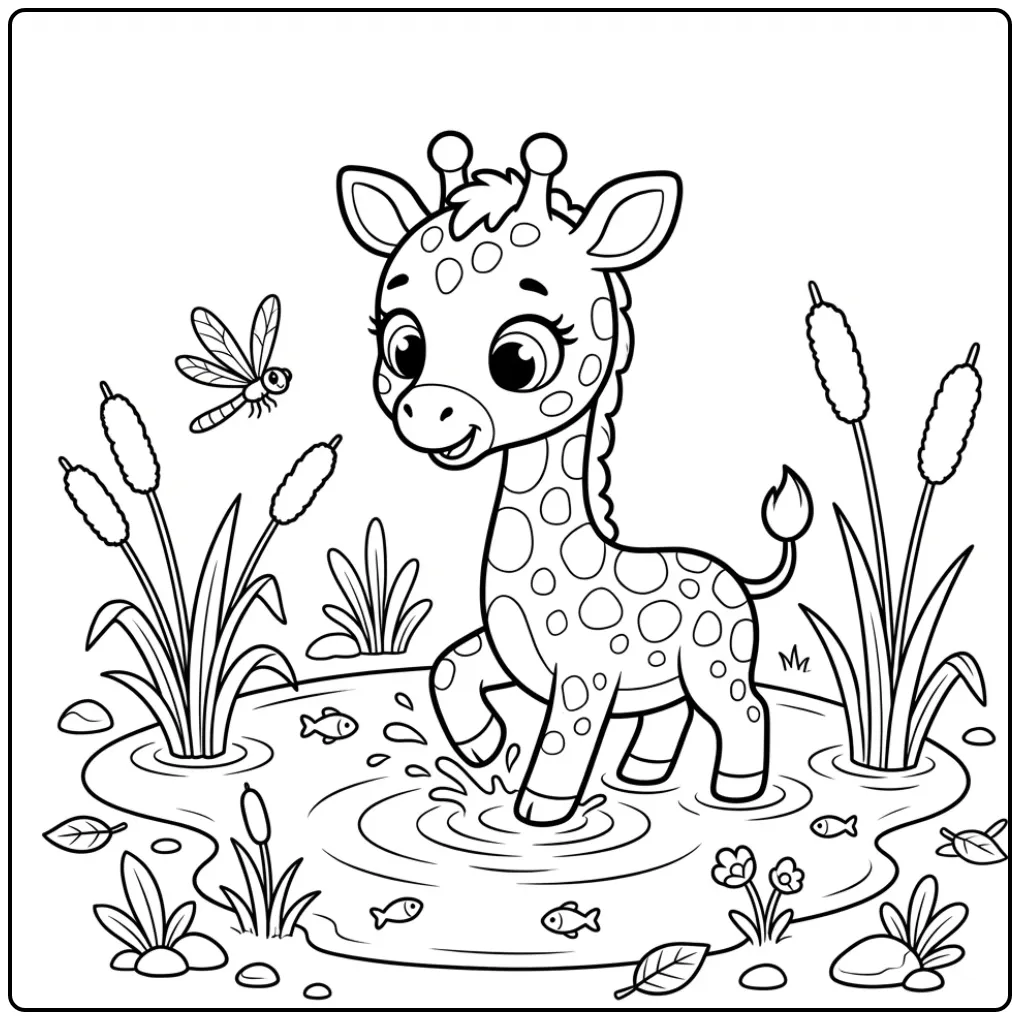 Cheerful Baby Giraffe Splashing Water coloring page