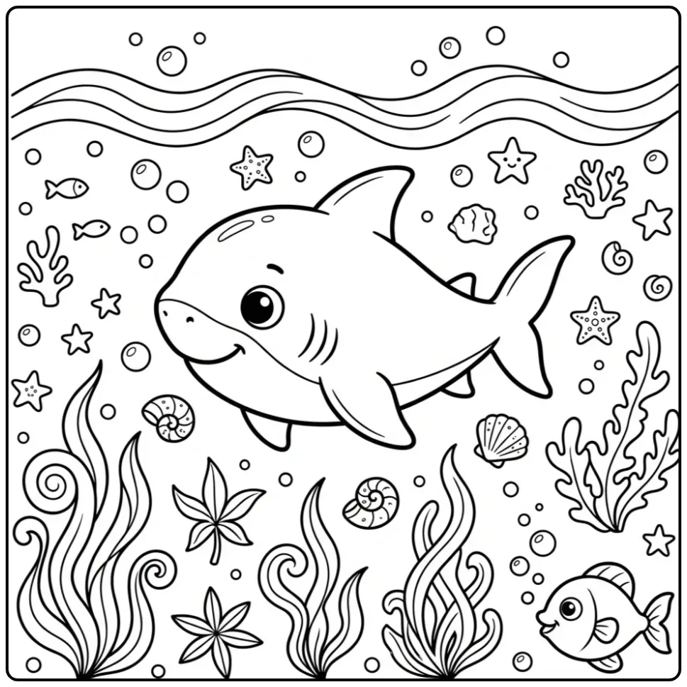 Cheerful Baby Shark with Waves and Seaweed coloring page