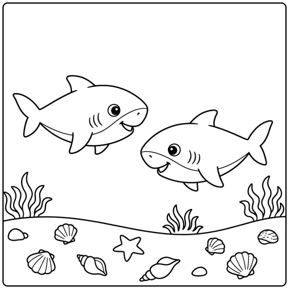 Cheerful Baby Shark with Starfish and Shells coloring page