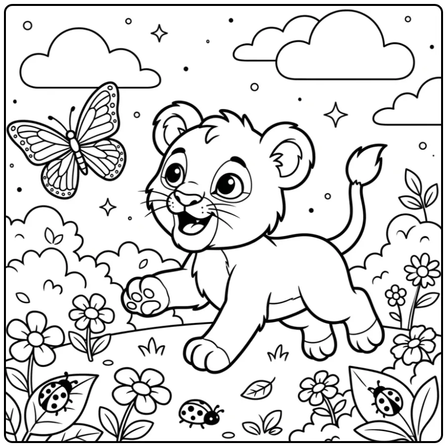 Cute baby lion coloring page chasing a butterfly