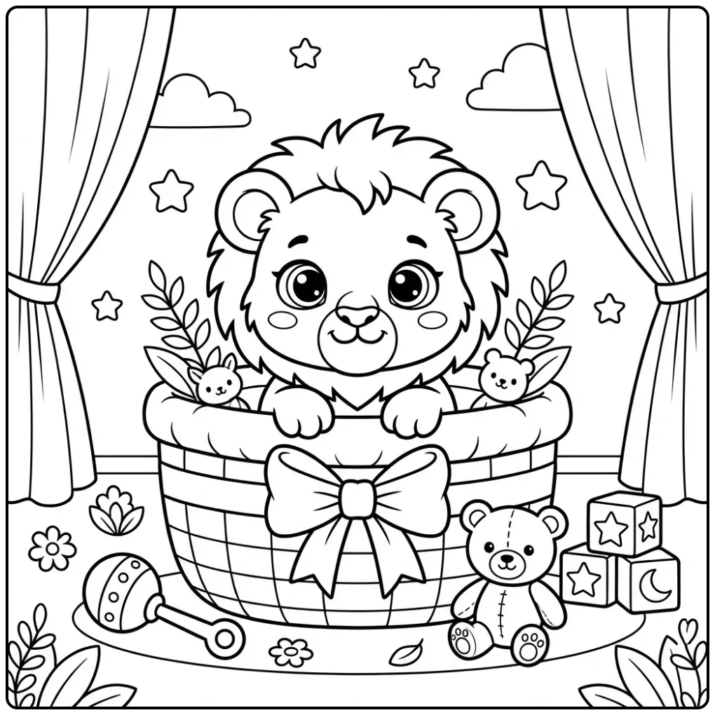 Cute baby lion coloring page in a basket with toys