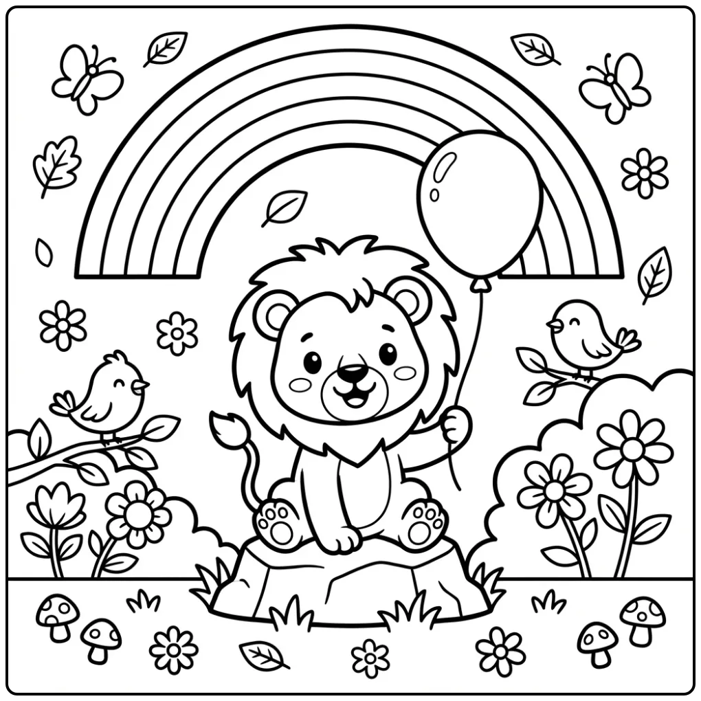 Baby lion coloring page with a balloon under a rainbow