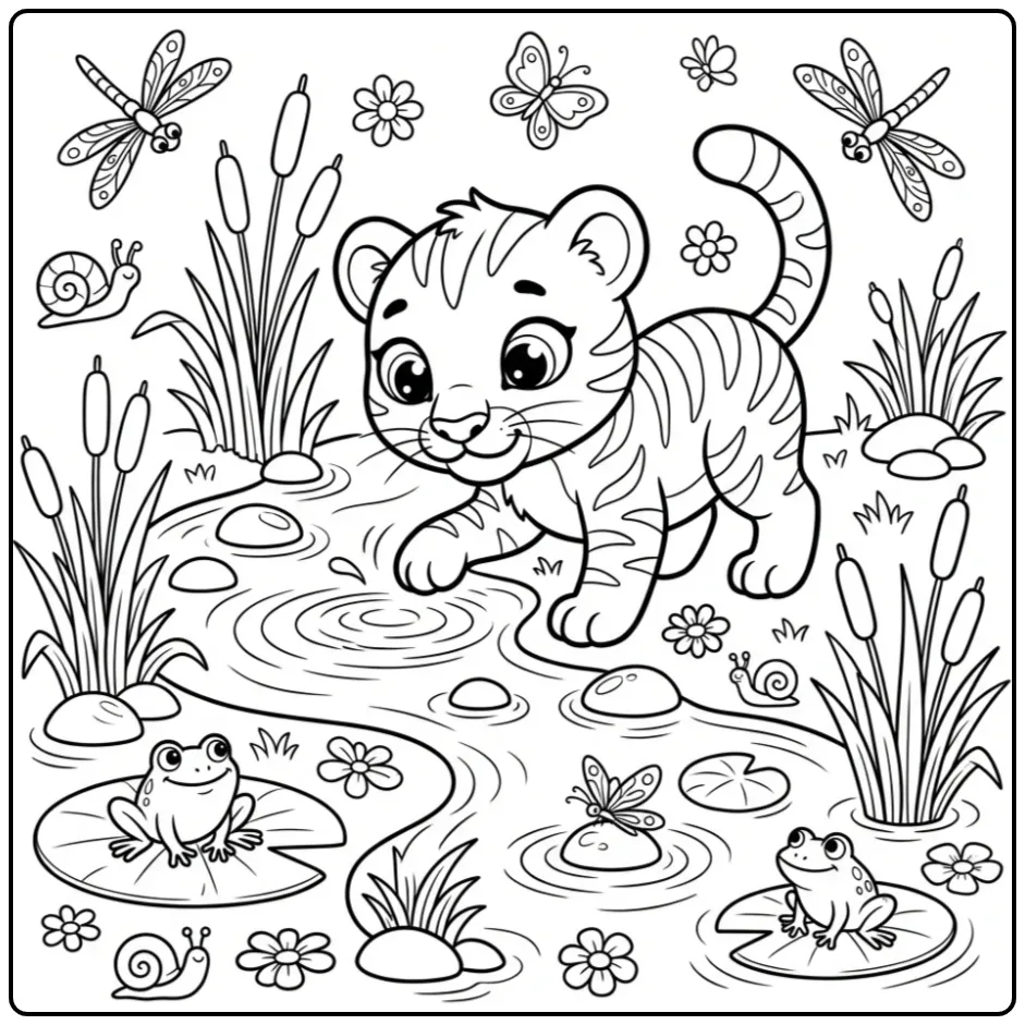 Cheerful Baby Panther with Dragonflies and Water coloring page