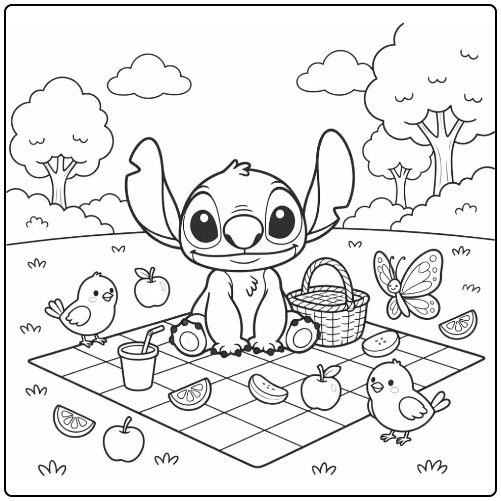 Cheerful Baby Stitch with Fruit and Animal Friends coloring page