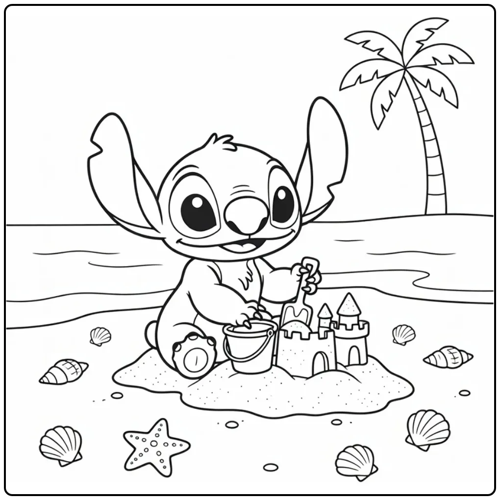 Cheerful Baby Stitch Playing in the Sand coloring page