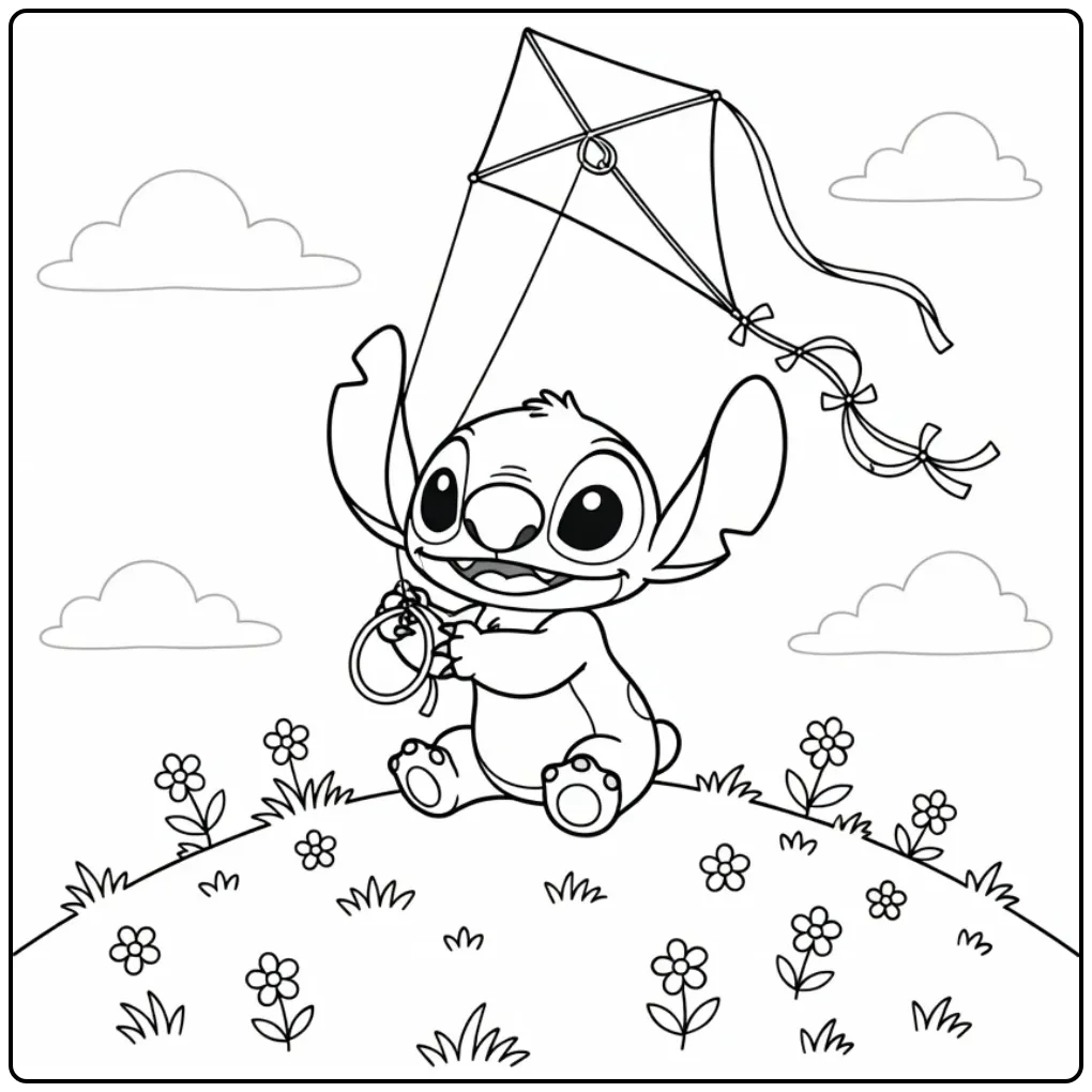 Cheerful Baby Stitch Flying a Kite in the Wind coloring page