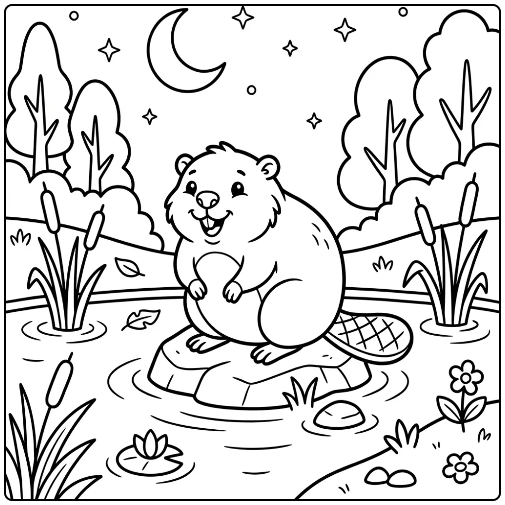 Cute beaver coloring page with the moon and stars