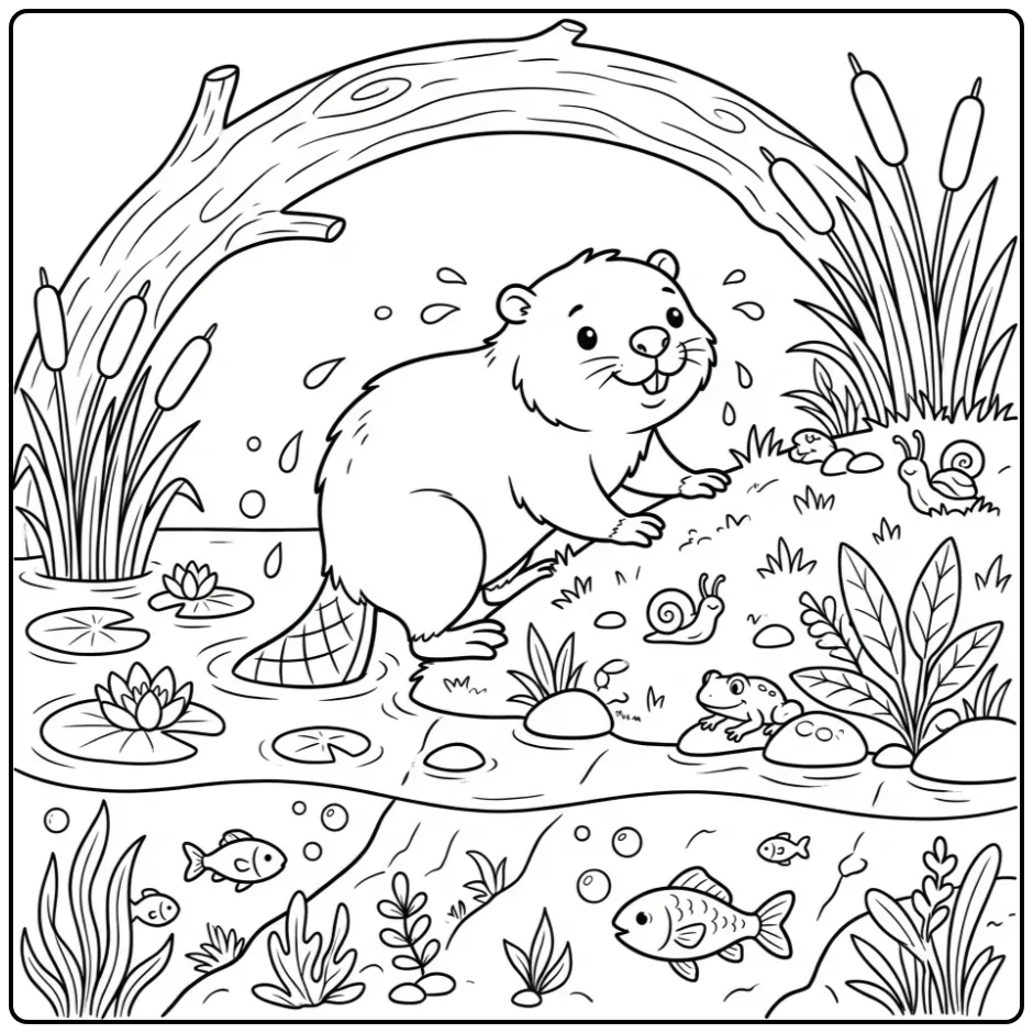 Cute beaver coloring page climbing out of the water