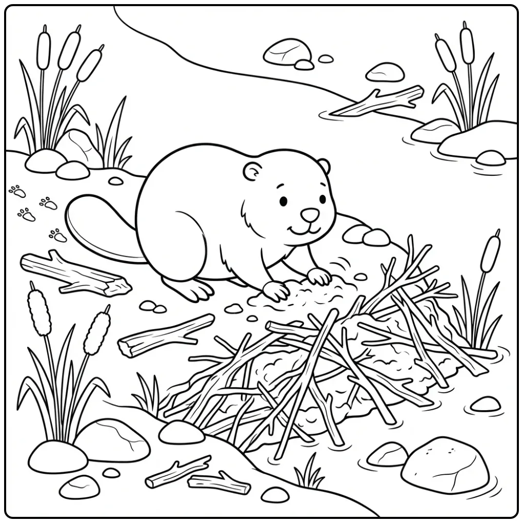 Cute beaver coloring page building on a dam