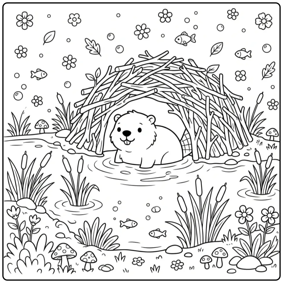 Cute beaver coloring page with a lodge and water plants