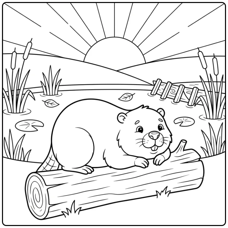 Beaver coloring page of a resting beaver on a log