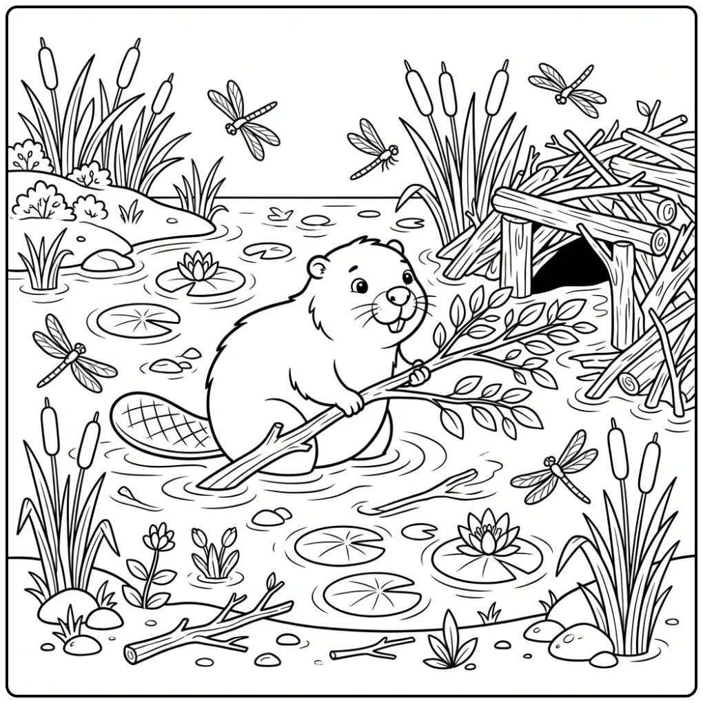 Cute beaver coloring page carrying a branch through water
