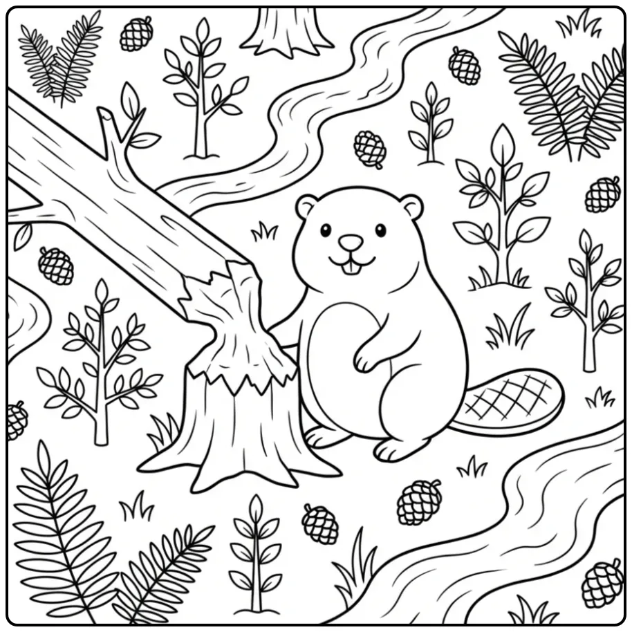 Cute beaver coloring page beside a gnawed tree trunk