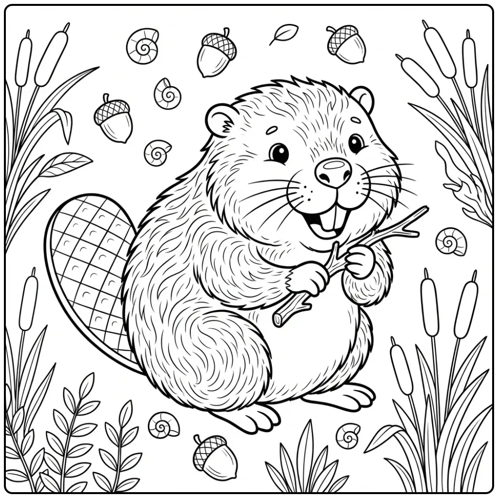 Cute beaver coloring page with a twig in its paws