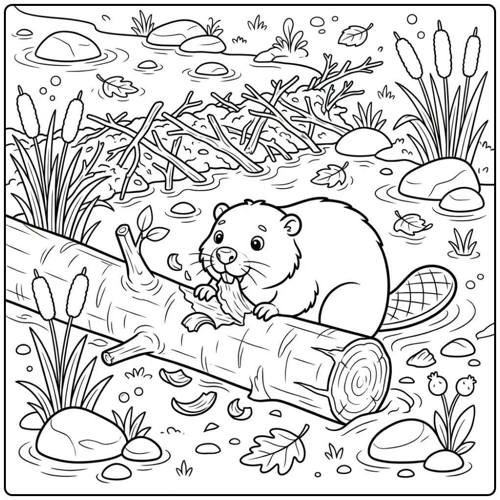 Beaver coloring page gnawing on a tree trunk