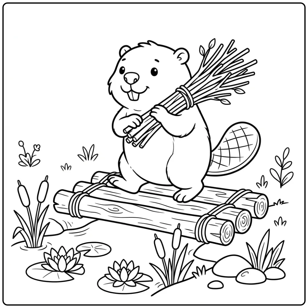 Cute beaver coloring page with sticks on a wooden bridge