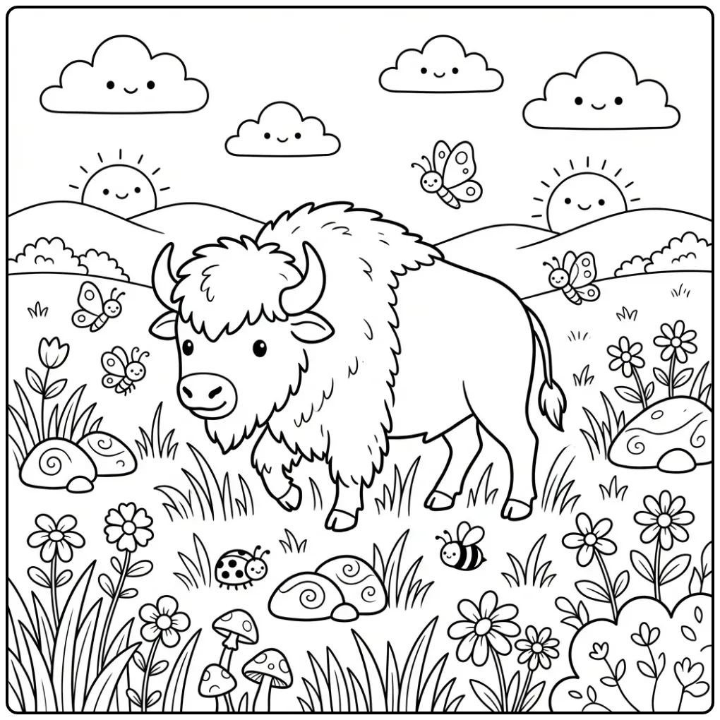 Cheerful Bison in a Meadow Landscape coloring page