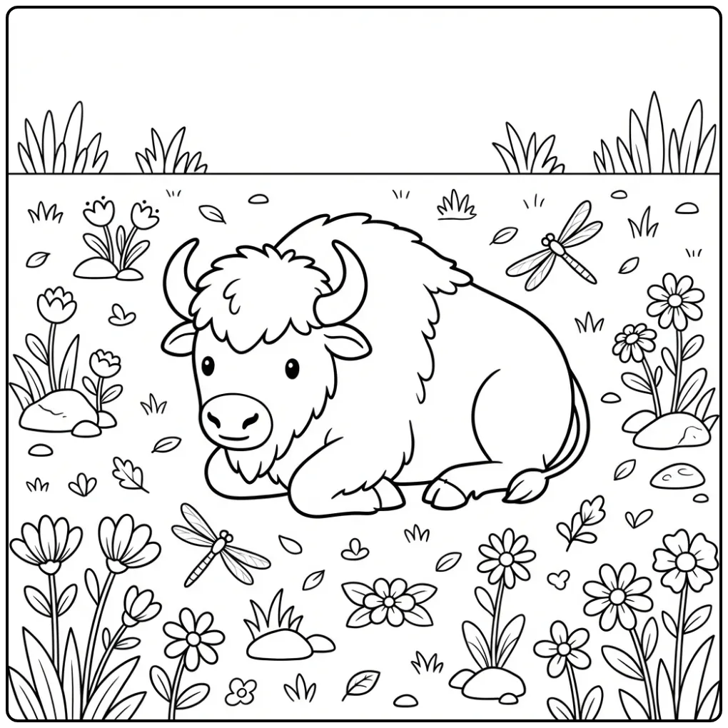 Cheerful Bison with Flowers and Dragonflies coloring page