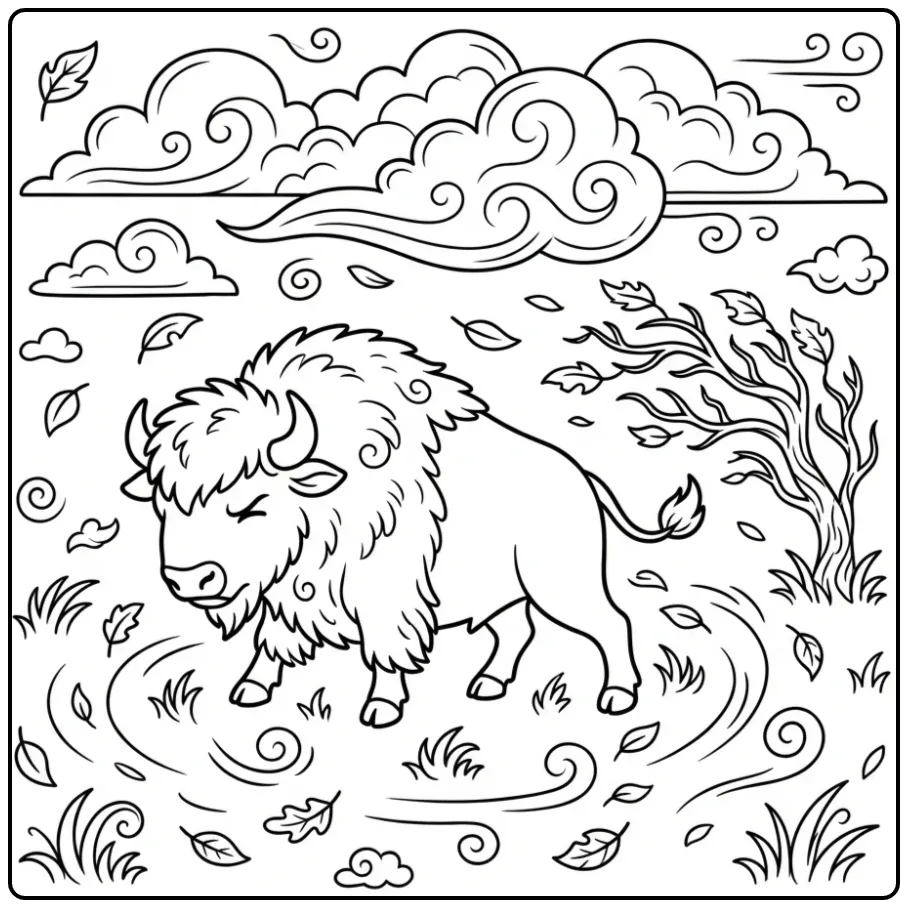 Cheerful Bison on a Windy Open Plain coloring page