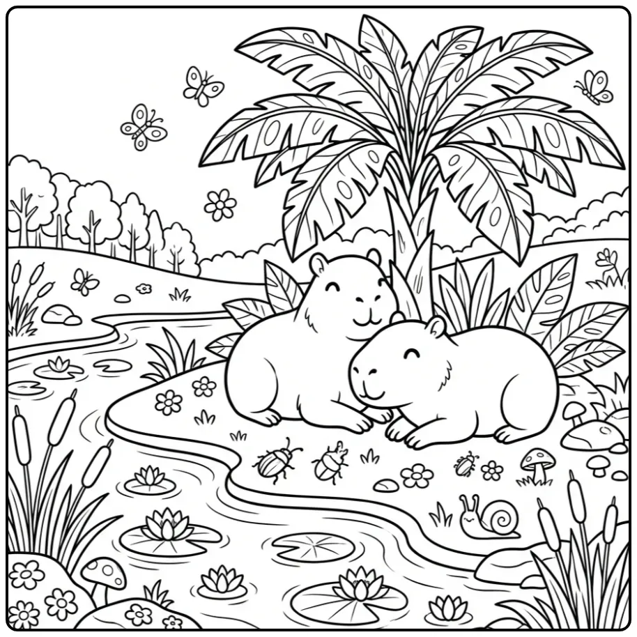 Cute capybara coloring page with two capybaras by a river