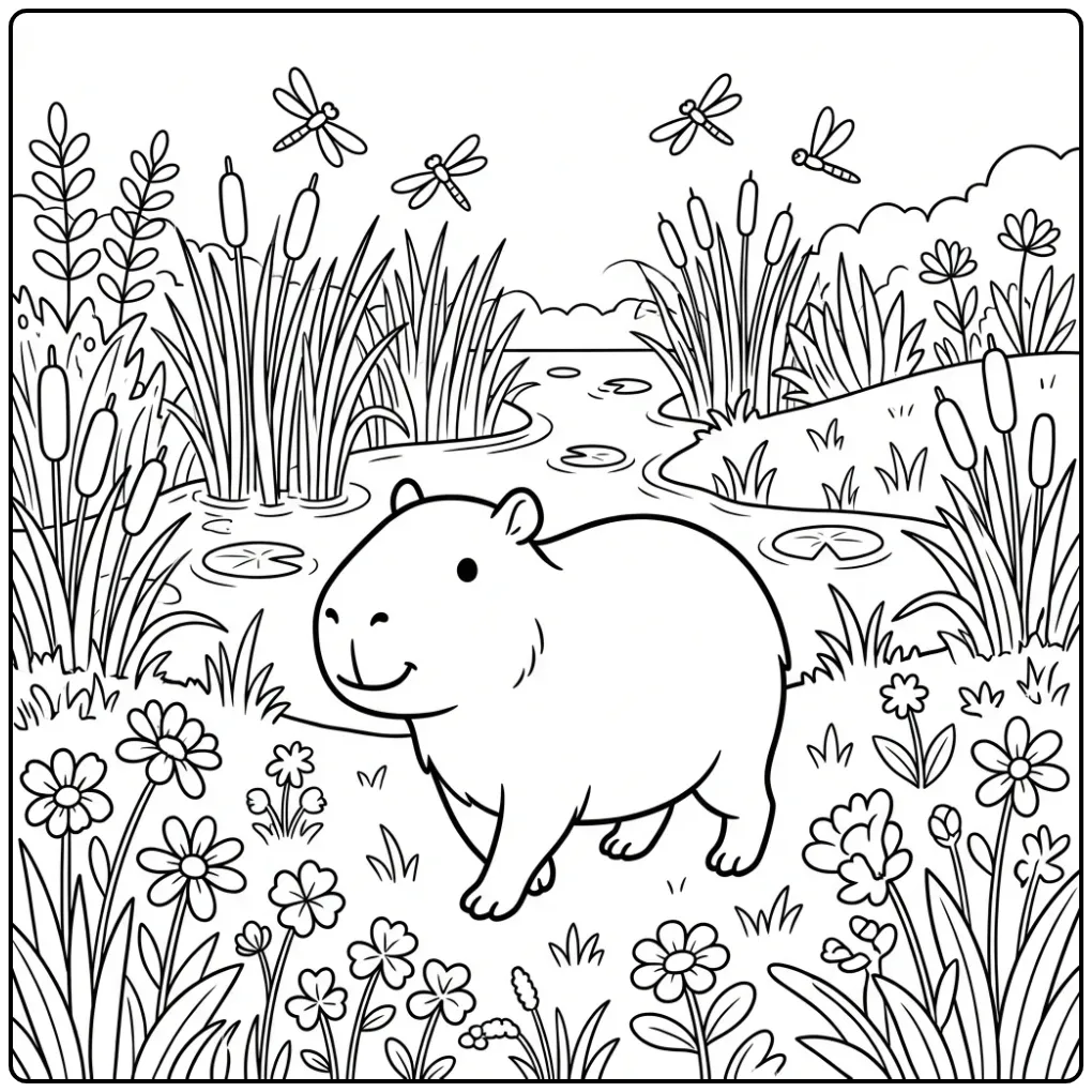 Capybara coloring page showing a walking capybara among flowers