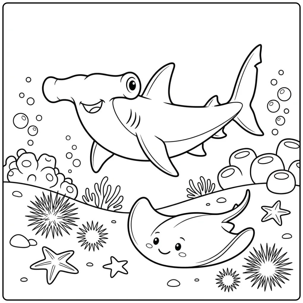 Cheerful Cartoon Hammerhead Shark for Children coloring page