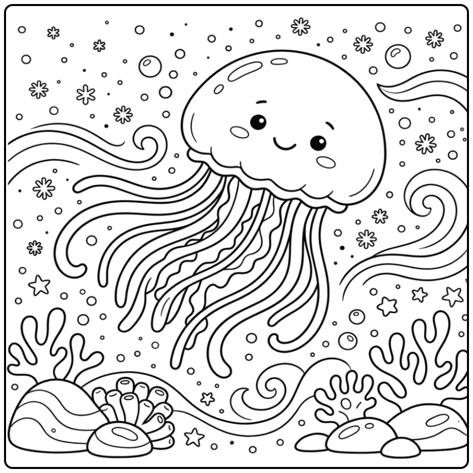 Cute jellyfish coloring page swimming through sea snow