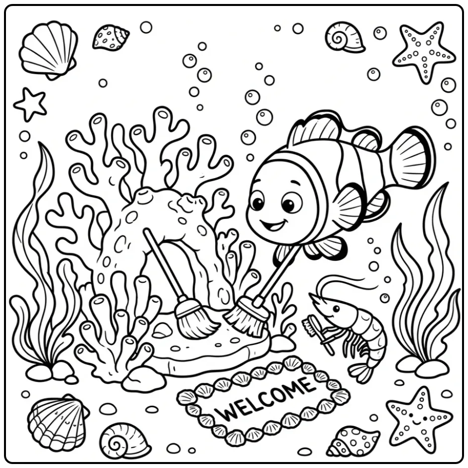 Cheerful Clownfish and Shrimp with the Coral Reef coloring page