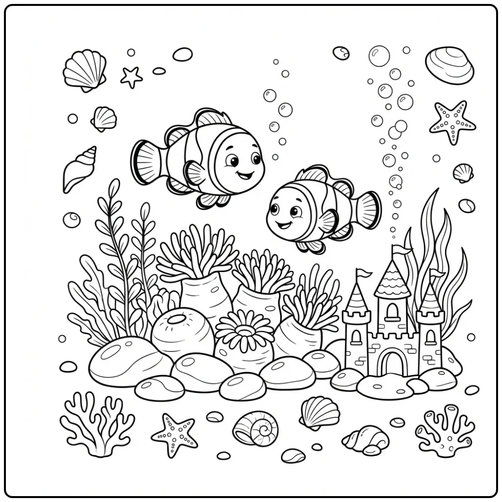 Cheerful Clownfish in an Aquarium with a Castle coloring page