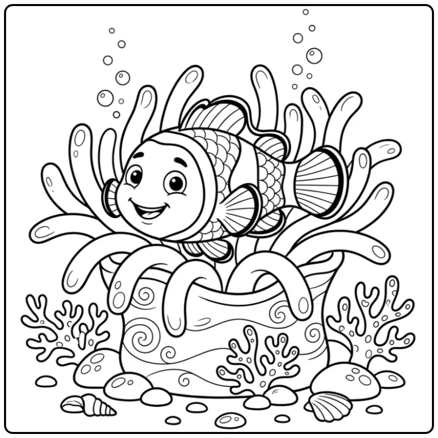 Clownfish coloring page among swaying anemones