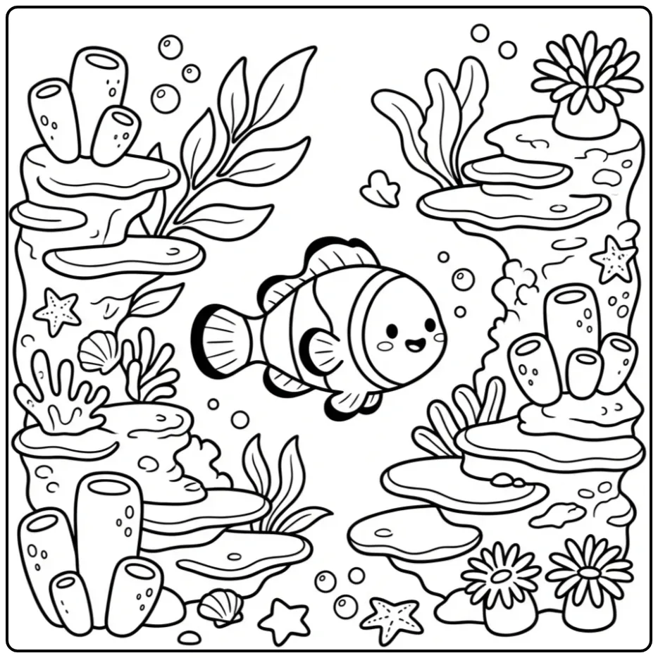 Cheerful Clownfish Among Coral and Sponges coloring page
