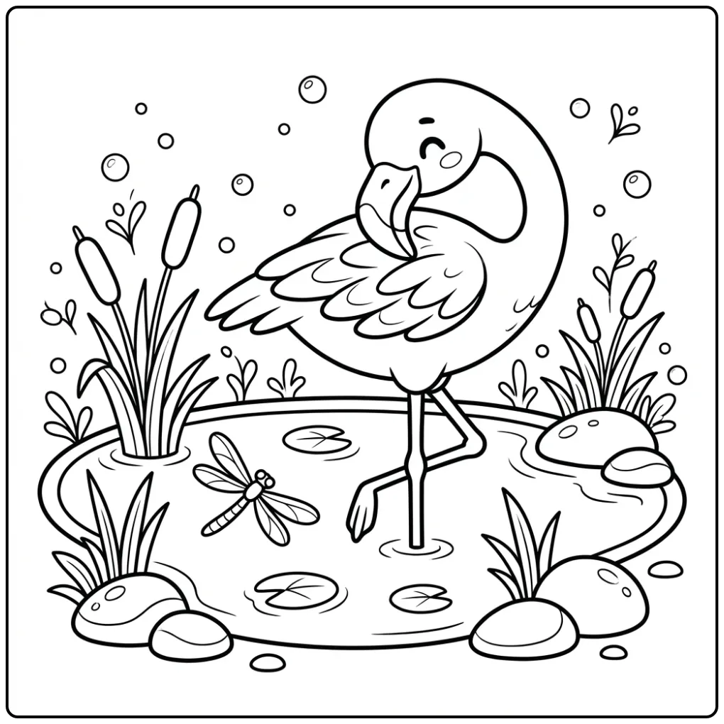 Cheerful Flamingo Preening Its Feathers coloring page