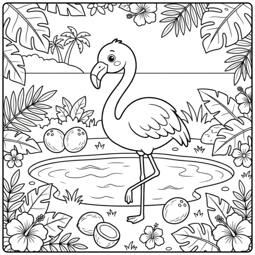 Cheerful Flamingo in a Tropical Landscape coloring page