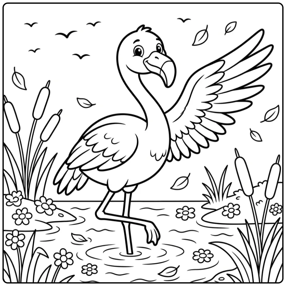 Cheerful Flamingo in the Water with Reeds and Flowers coloring page
