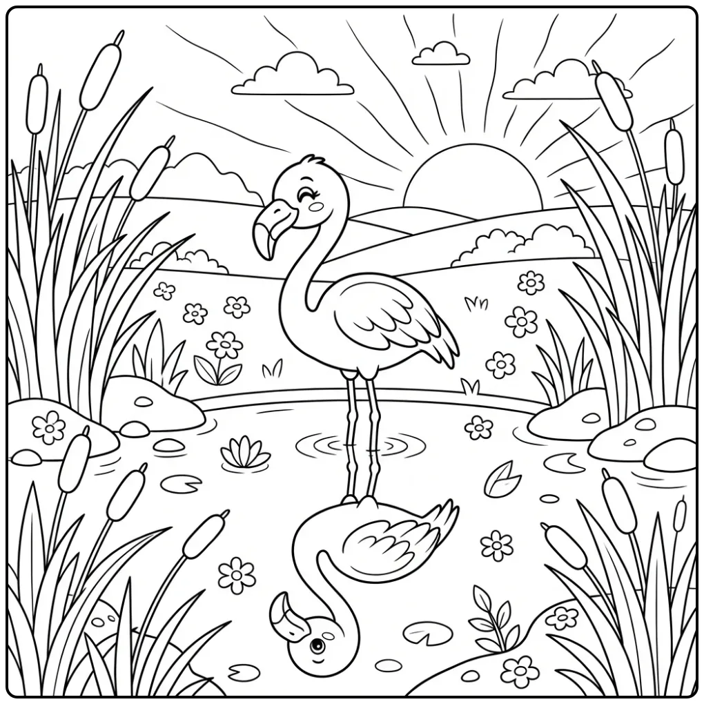 Cheerful Flamingo Water and Hills coloring page
