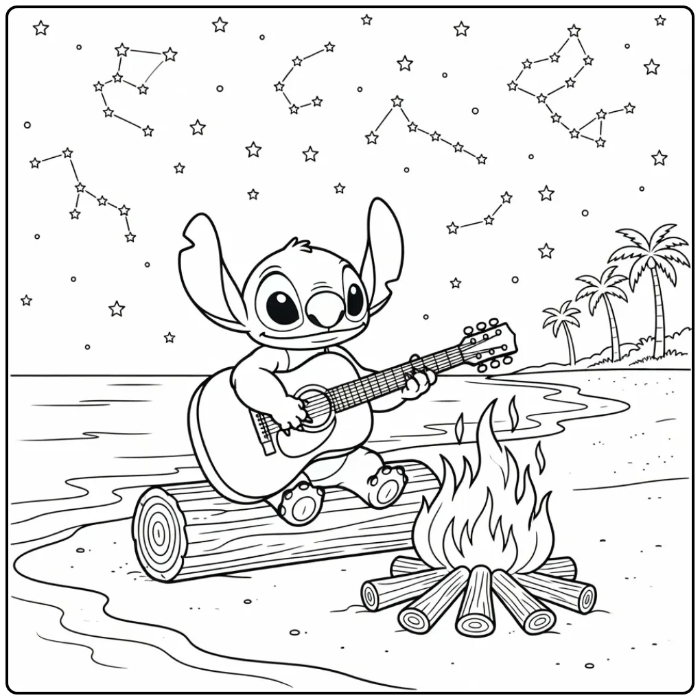 Cheerful Stitch Guitar on the Beach coloring page